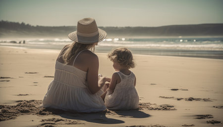 Mother and child enjoying a leisurely day at the beach, with the sea and sun providing a beautiful backdrop. Mother's Day.の素材