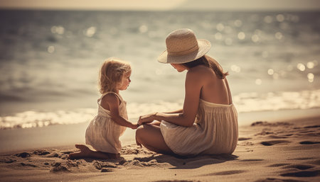 Mother and child enjoying a leisurely day at the beach, with the sea and sun providing a beautiful backdrop. Mother's Day.の素材