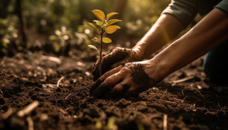 A person planting trees or flowers, contributing to the global effort to reforest and restore natural habitats. Generative AIの素材