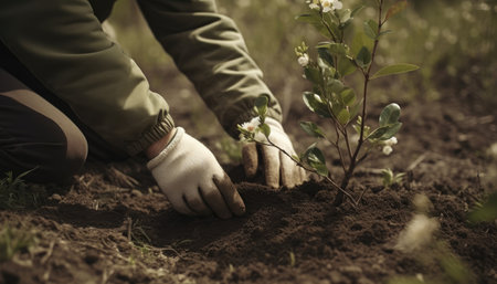 A person planting trees or flowers, contributing to the global effort to reforest and restore natural habitats. Generative AIの素材