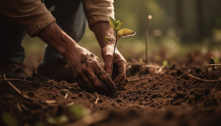 A person planting trees or flowers, contributing to the global effort to reforest and restore natural habitats. Generative AIの素材