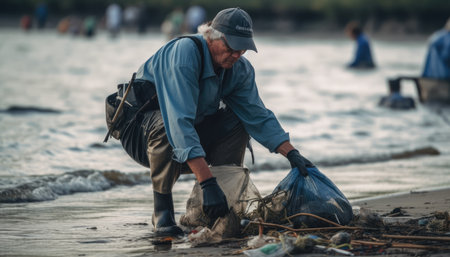 A person participating in a beach cleanup, with a focus on the amount of trash and the impact it has on the environment.の素材