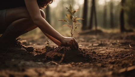 A person planting trees or flowers, contributing to the global effort to reforest and restore natural habitats. Generative AIの素材