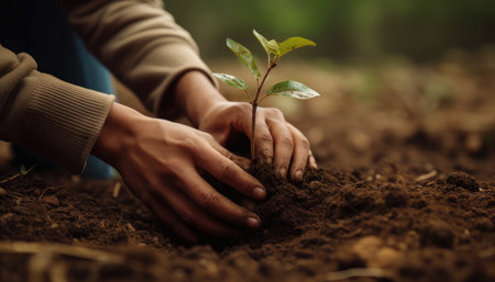 A person planting trees or flowers, contributing to the global effort to reforest and restore natural habitats. Generative AIの素材