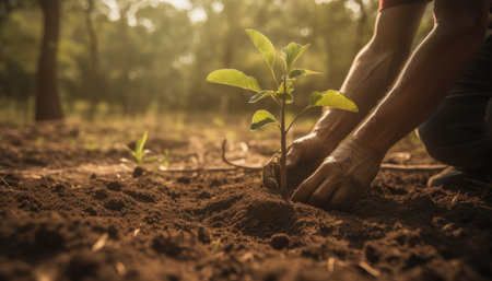 A person planting trees or flowers, contributing to the global effort to reforest and restore natural habitats. Generative AIの素材