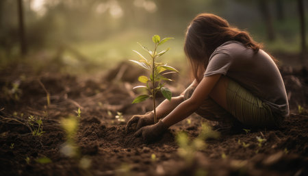 A person planting trees or flowers, contributing to the global effort to reforest and restore natural habitats. Generative AIの素材