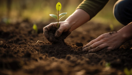 A person planting trees or flowers, contributing to the global effort to reforest and restore natural habitats. Generative AIの素材
