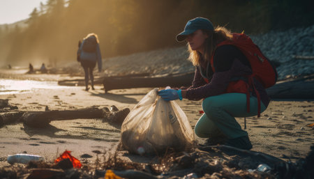 A person participating in a beach cleanup, with a focus on the amount of trash and the impact it has on the environment.の素材