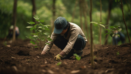 A person planting trees or flowers, contributing to the global effort to reforest and restore natural habitats. Generative AIの素材