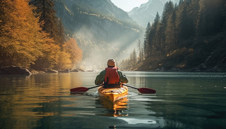 A person enjoying an eco-friendly activity, such as kayaking or hiking, with a focus on the importance of preserving natural habitats.の素材