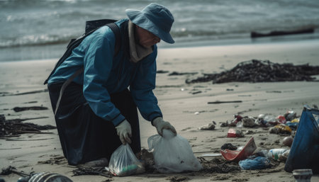 A person participating in a beach cleanup, with a focus on the amount of trash and the impact it has on the environment.の素材