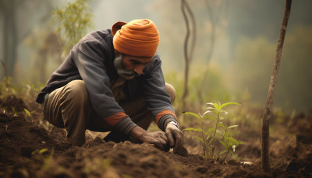 A person planting trees or flowers, contributing to the global effort to reforest and restore natural habitats. Generative AIの素材
