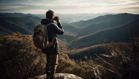 A person enjoying a hike or outdoor activity, with a breathtaking view of a natural landscape in the background.の素材