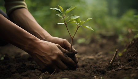 A person planting trees or flowers, contributing to the global effort to reforest and restore natural habitats. Generative AIの素材