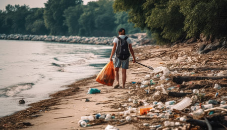 A person participating in a beach cleanup, with a focus on the amount of trash and the impact it has on the environment.の素材