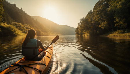 A person enjoying an eco-friendly activity, such as kayaking or hiking, with a focus on the importance of preserving natural habitats.の素材