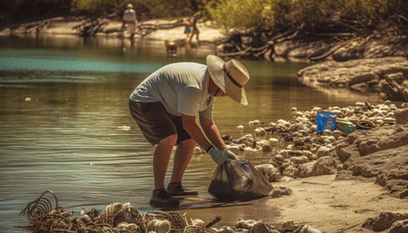 A person participating in a beach cleanup, with a focus on the amount of trash and the impact it has on the environment.の素材