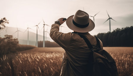 A person photographing solar panels and wind turbines focusing on their environmental benefits.の素材