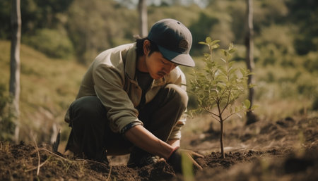 A person planting trees or flowers, contributing to the global effort to reforest and restore natural habitats. Generative AIの素材