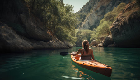 A person enjoying an eco-friendly activity, such as kayaking or hiking, with a focus on the importance of preserving natural habitats.の素材