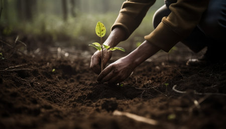 A person planting trees or flowers, contributing to the global effort to reforest and restore natural habitats. Generative AIの素材