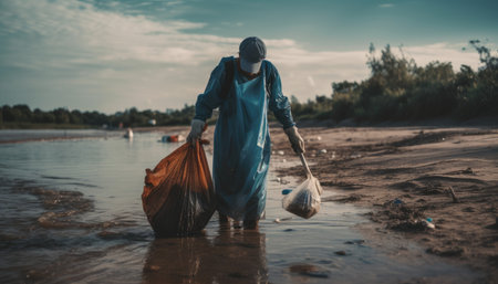 A person participating in a beach cleanup, with a focus on the amount of trash and the impact it has on the environment.の素材