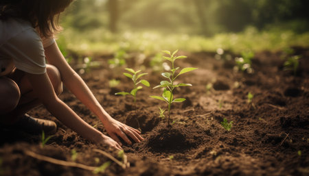 A person planting trees or flowers, contributing to the global effort to reforest and restore natural habitats. Generative AIの素材