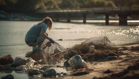 A person participating in a beach cleanup, with a focus on the amount of trash and the impact it has on the environment.の素材