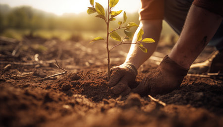 A person planting trees or flowers, contributing to the global effort to reforest and restore natural habitats. Generative AIの素材