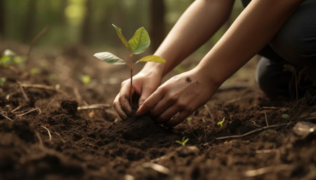 A person planting trees or flowers, contributing to the global effort to reforest and restore natural habitats. Generative AIの素材