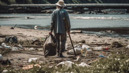 A person participating in a beach cleanup, with a focus on the amount of trash and the impact it has on the environment.の素材