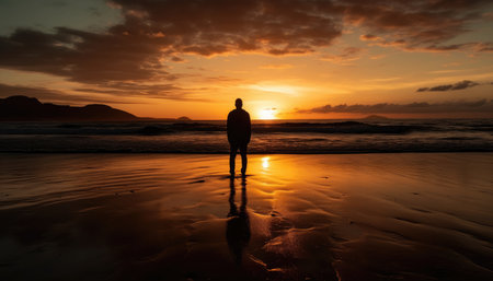 Photo of a sunset silhouette with a person standing on a beach at sunset. with Generative AIの素材