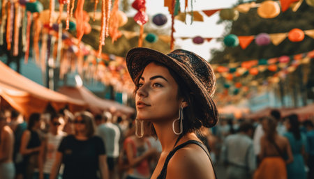 Someone enjoying a summer festival with crowds of people and colorful decorations. with Generative AIの素材