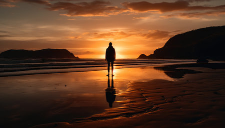 Photo of a sunset silhouette with a person standing on a beach at sunset. with Generative AIの素材