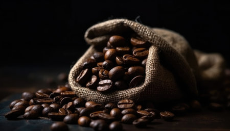Roasted coffee beans closeup on dark defocussed and blurred background. with Generative AIの素材