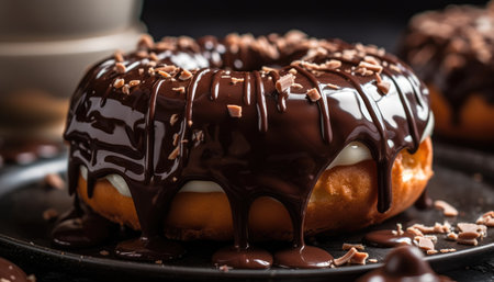 A close-up photo of the chocolate coating on the donut with Generative AIの素材