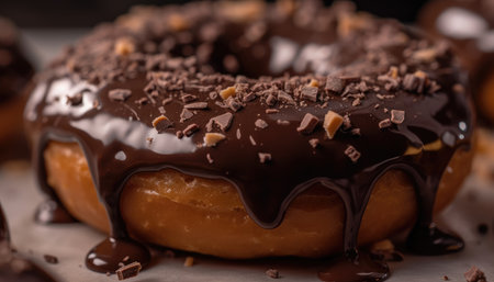 A close-up photo of the chocolate coating on the donut with Generative AIの素材