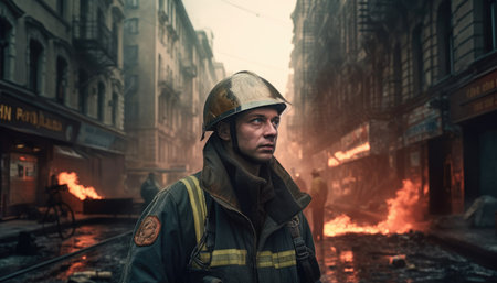 Firefighter standing in a dangerous city with Generative AIの素材