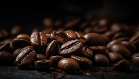 Roasted coffee beans closeup on dark defocussed and blurred background. with Generative AIの素材