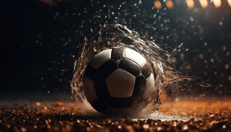 Soccer ball standing in middle of soccer field in rainy weather under evening spotlights. with Generative AIの素材