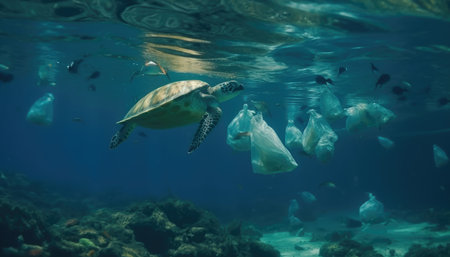 Under the ocean, a photo with garbage, caretta caretta and fish. Environmental pollution concept. with Generative AIの素材