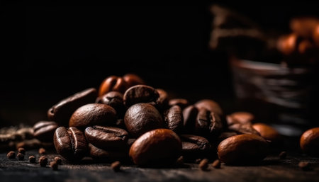 Roasted coffee beans closeup on dark defocussed and blurred background. with Generative AIの素材