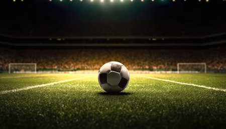 Soccer ball standing in the middle of the soccer field under the evening spotlights. with Generative AIの素材
