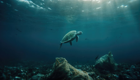 Under the ocean, a photo with garbage, caretta caretta and fish. Environmental pollution concept. with Generative AIの素材