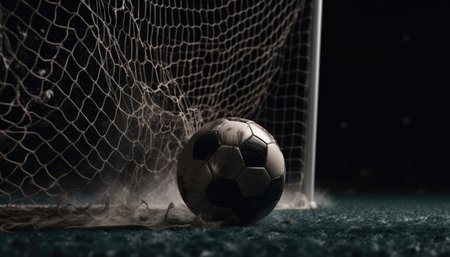 The soccer ball is flying fast, tearing the nets of the goal. with Generative AIの素材