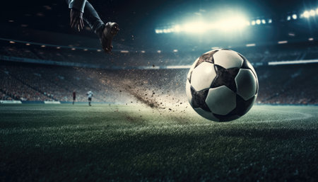 Foot of football player kicking soccer ball fast in stadium. with Generative AIの素材