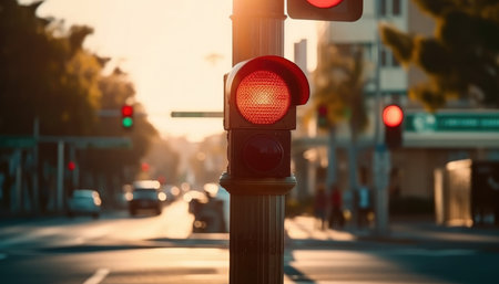 City pedestrian crossing with a red light, defocussed and blurred street background. with Generative AIの素材
