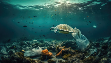 Under the ocean, a photo with garbage, caretta caretta and fish. Environmental pollution concept. with Generative AIの素材