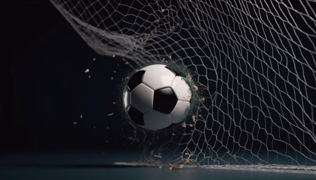 The soccer ball is flying fast, tearing the nets of the goal. with Generative AIの素材