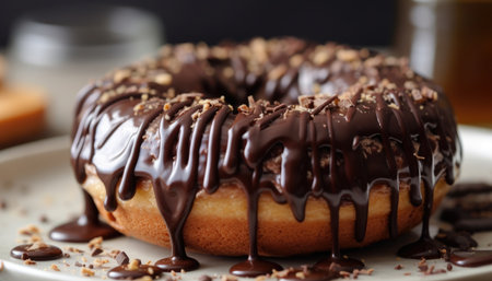 A close-up photo of the chocolate coating on the donut with Generative AIの素材